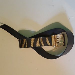 New Michael Michael Kors women's M black leather belt with gold stripes